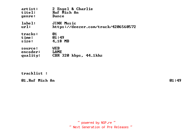 NFO for the release 2_Engel_And_Charlie_-_Ruf_Mich_An-SINGLE-WEB-DE-2026-BITCOINS by BITCOINS