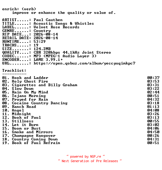 NFO for the release Paul_Cauthen-Acoustic_Songs_and_Whistles-WEB-2026-ENRiCH by ENRiCH