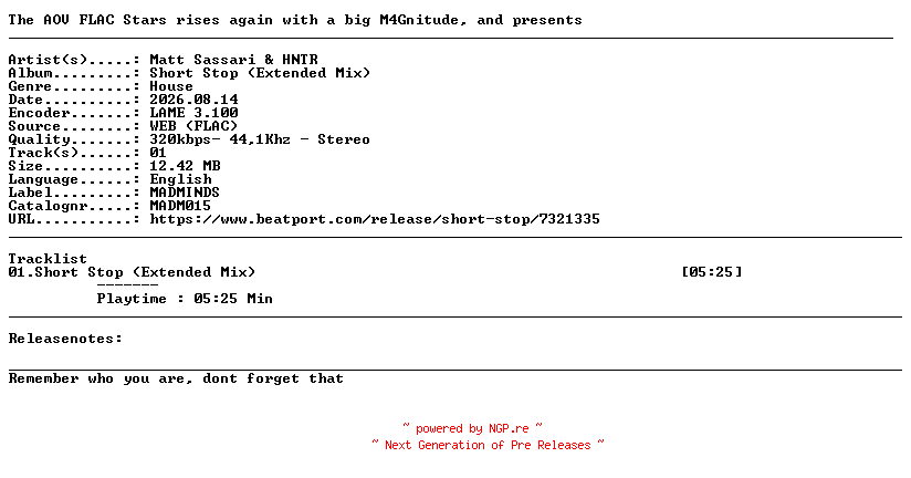 NFO for the release Matt_Sassari_And_HNTR-Short_Stop_(Extended_Mix)-(MADM015)-SINGLE-WEB-2026-AOV by AOV