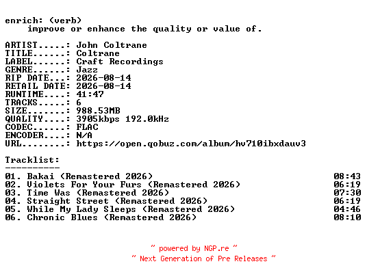 NFO for the release John_Coltrane-Coltrane-REMASTERED-24BIT-WEB-FLAC-2026-ENRiCH by ENRiCH