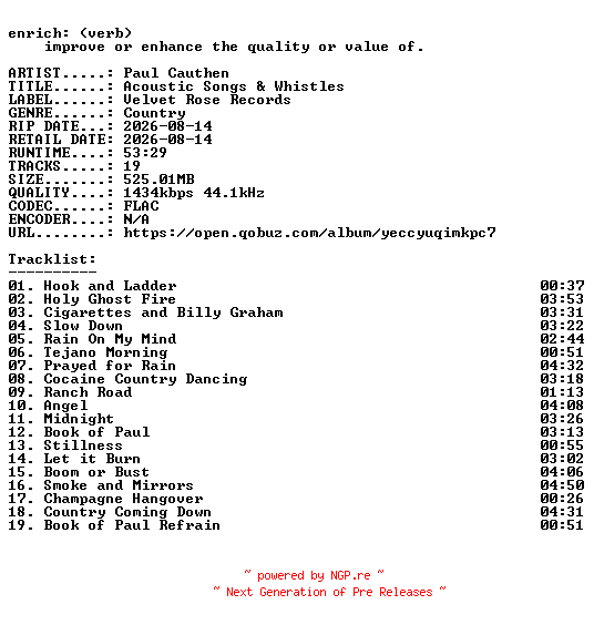 NFO for the release Paul_Cauthen-Acoustic_Songs_and_Whistles-24BIT-WEB-FLAC-2026-ENRiCH by ENRiCH