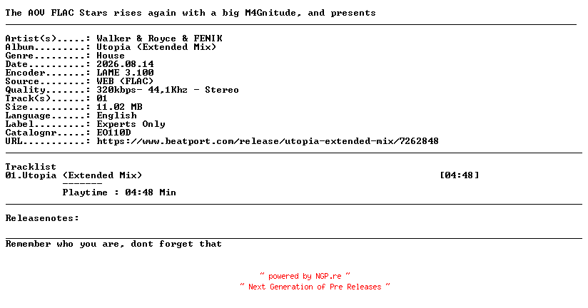 NFO for the release Walker_And_Royce_And_FENIK-Utopia_(Extended_Mix)-(EO110D)-SINGLE-WEB-2026-AOV by AOV