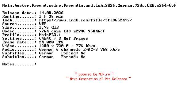 NFO for the release Mein.bester.Freund.seine.Freundin.und.ich.2026.German.720p.WEB.x264-WvF by WvF