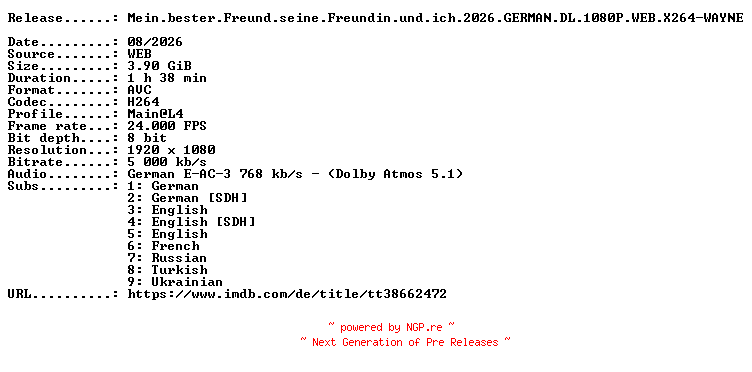 NFO for the release Mein.bester.Freund.seine.Freundin.und.ich.2026.GERMAN.DL.1080P.WEB.X264-WAYNE by WAYNE