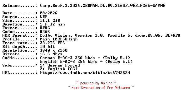 NFO for the release Camp.Rock.3.2026.GERMAN.DL.DV.2160P.WEB.H265-WAYNE by WAYNE