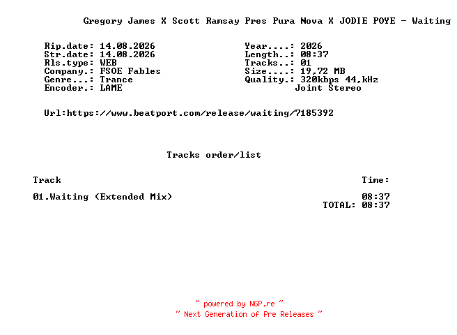 NFO for the release Gregory_James_X_Scott_Ramsay_Pres_Pura_Nova_X_JODIE_POYE_-_Waiting-(FSOEF138)-SINGLE-WEB-2026-FMC by FMC