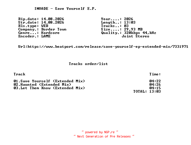 NFO for the release INVADE_-_Save_Yourself_E.P.-(BT042)-WEB-2026-FMC by FMC