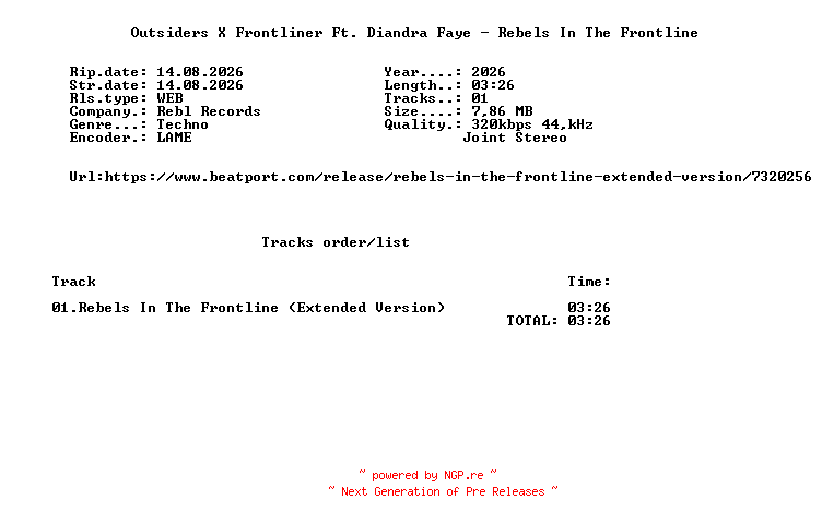 NFO for the release Outsiders_X_Frontliner_Ft._Diandra_Faye_-_Rebels_In_The_Frontline-(REBL0043)-SINGLE-WEB-2026-FMC by FMC