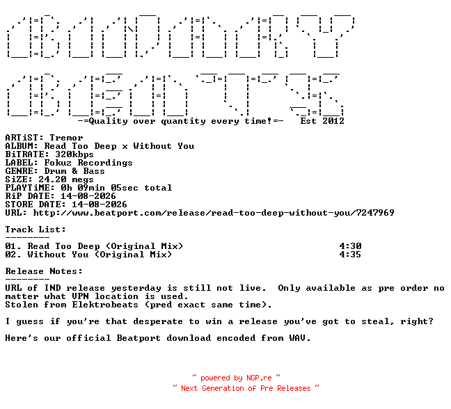 NFO for the release Tremor-Read_Too_Deep_x_Without_You-(FOKUZ420)-WEB-2026-BB_INT by BB_INT