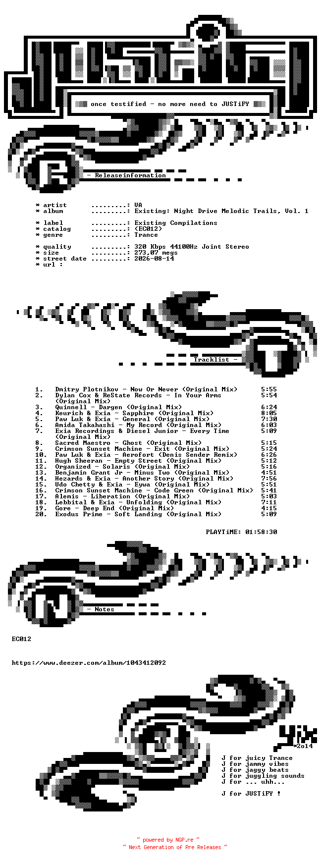 NFO for the release VA-Existing_Night_Drive_Melodic_Trails_Vol._1-(EC012)-WEB-2026-JUSTiFY by JUSTiFY