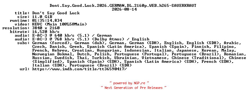 NFO for the release Dont.Say.Good.Luck.2026.GERMAN.DL.2160p.WEB.h265-SAUERKRAUT by SAUERKRAUT