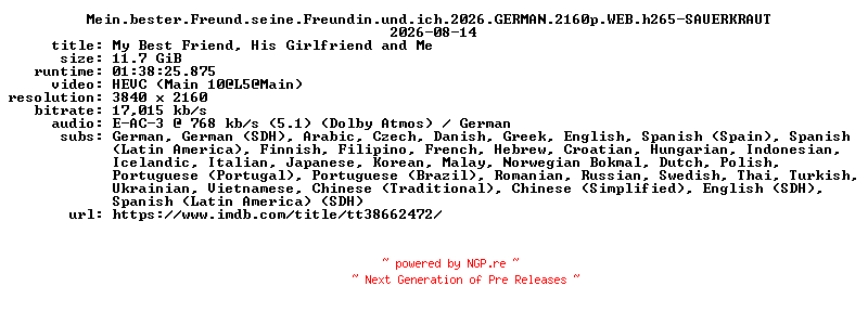 NFO for the release Mein.bester.Freund.seine.Freundin.und.ich.2026.GERMAN.2160p.WEB.h265-SAUERKRAUT by SAUERKRAUT
