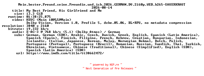 NFO for the release Mein.bester.Freund.seine.Freundin.und.ich.2026.GERMAN.DV.2160p.WEB.h265-SAUERKRAUT by SAUERKRAUT