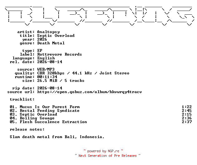 NFO for the release Analtopsy-Septic_Overload-EP-WEB-2026-BLEEDiNG by BLEEDiNG