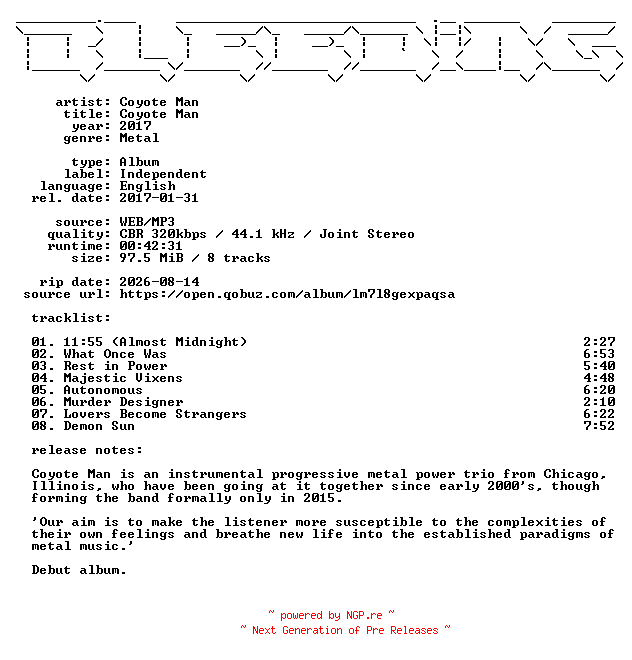 NFO for the release Coyote_Man-Coyote_Man-WEB-2017-BLEEDiNG by BLEEDiNG