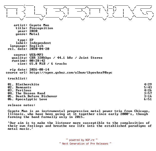 NFO for the release Coyote_Man-Precognition-EP-WEB-2020-BLEEDiNG by BLEEDiNG