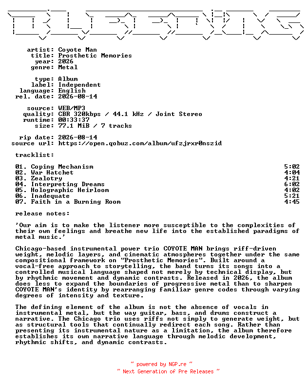 NFO for the release Coyote_Man-Prosthetic_Memories-WEB-2026-BLEEDiNG by BLEEDiNG