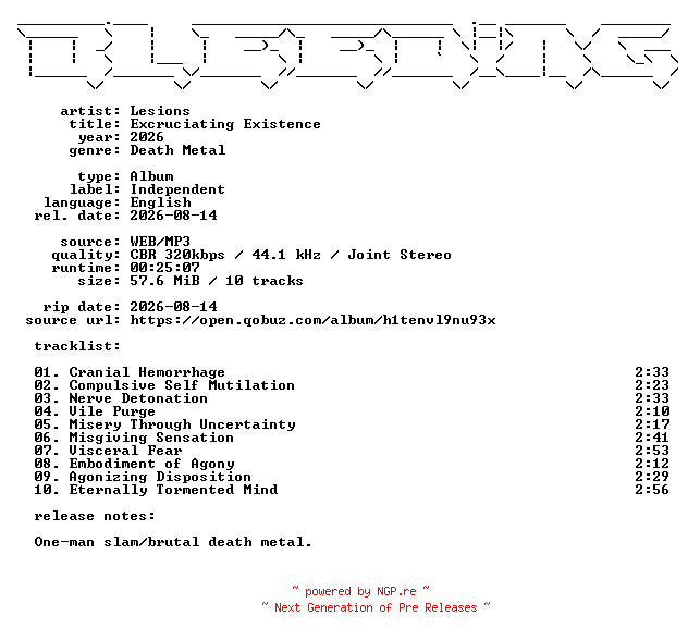 NFO for the release Lesions-Excruciating_Existence-WEB-2026-BLEEDiNG by BLEEDiNG