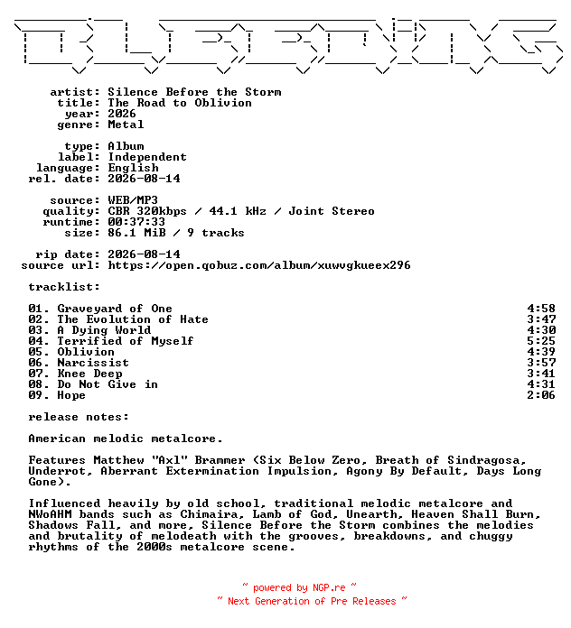 NFO for the release Silence_Before_the_Storm-The_Road_to_Oblivion-WEB-2026-BLEEDiNG by BLEEDiNG