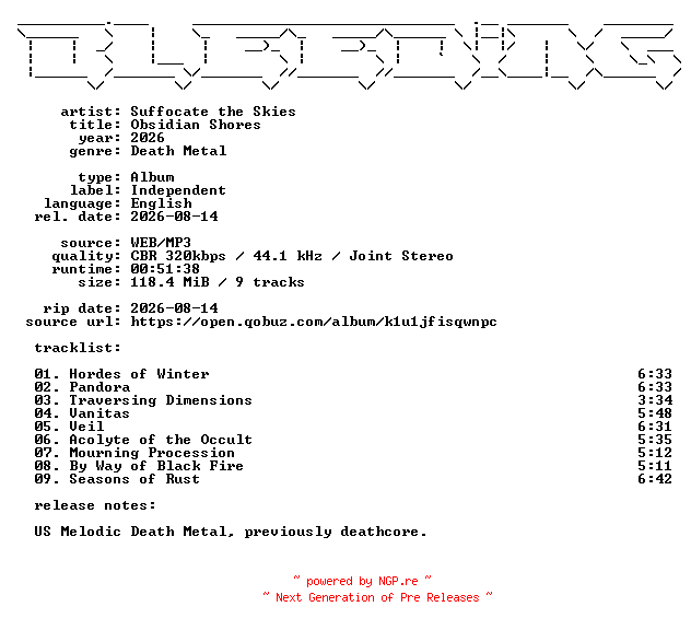 NFO for the release Suffocate_the_Skies-Obsidian_Shores-WEB-2026-BLEEDiNG by BLEEDiNG