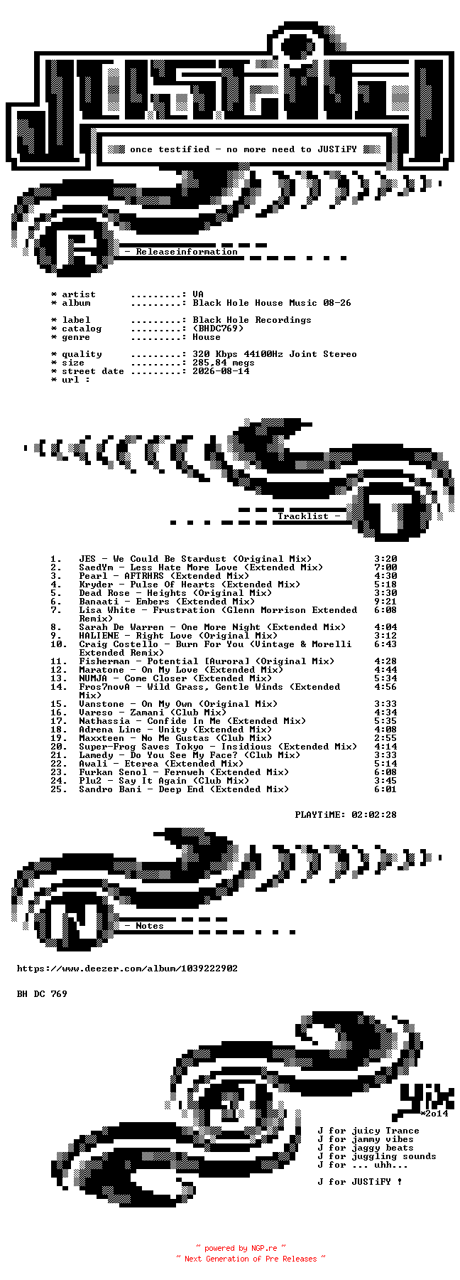 NFO for the release VA-Black_Hole_House_Music_08-26-(BHDC769)-WEB-2026-JUSTiFY by JUSTiFY