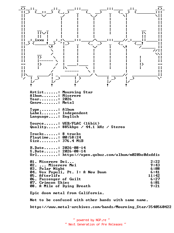 NFO for the release Mourning_Star-Miserere-16BIT-WEB-FLAC-2026-MOONBLOOD by MOONBLOOD