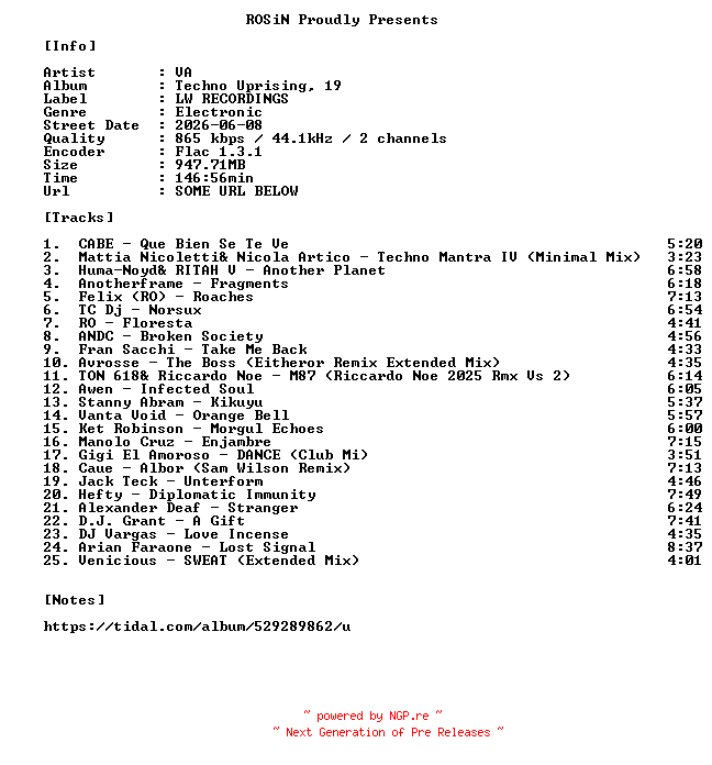 NFO for the release VA-Techno_Uprising_19-16BIT-WEB-FLAC-2026-ROSiN by ROSiN