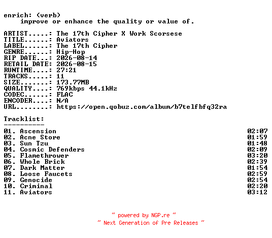 NFO for the release The_17th_Cipher_X_Work_Scorsese-Aviators-16BIT-WEB-FLAC-2026-ENRiCH by ENRiCH