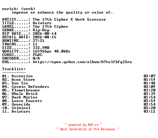 NFO for the release The_17th_Cipher_X_Work_Scorsese-Aviators-24BIT-WEB-FLAC-2026-ENRiCH by ENRiCH
