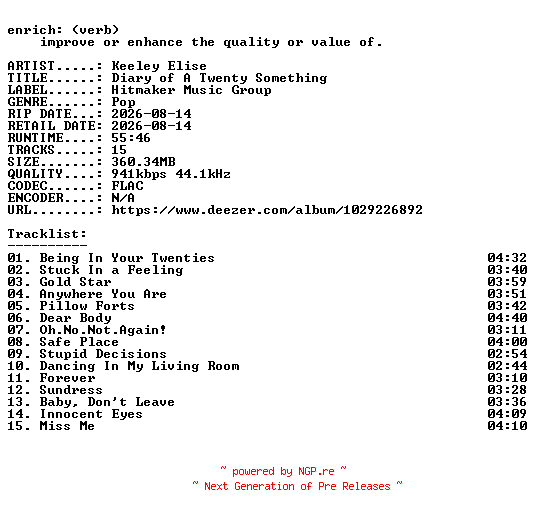 NFO for the release Keeley_Elise-Diary_of_A_Twenty_Something-16BIT-WEB-FLAC-2026-ENRiCH by ENRiCH