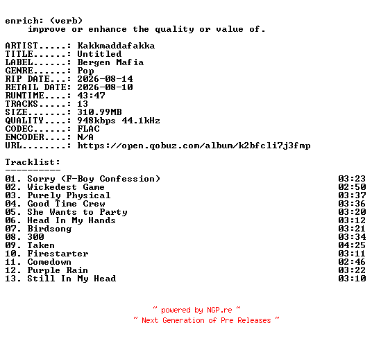 NFO for the release Kakkmaddafakka-Untitled-16BIT-WEB-FLAC-2026-ENRiCH by ENRiCH