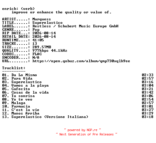 NFO for the release Marquess-Superelastico-ES-16BIT-WEB-FLAC-2026-ENRiCH by ENRiCH