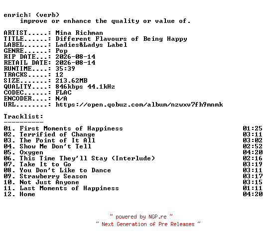 NFO for the release Mina_Richman-Different_Flavours_of_Being_Happy-16BIT-WEB-FLAC-2026-ENRiCH by ENRiCH