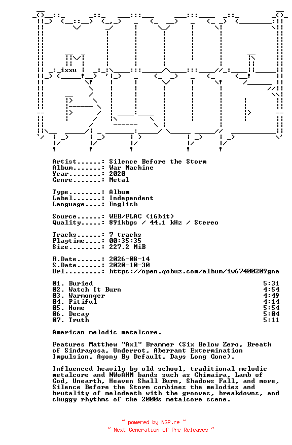 NFO for the release Silence_Before_the_Storm-War_Machine-16BIT-WEB-FLAC-2020-MOONBLOOD by MOONBLOOD