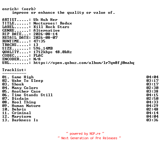 NFO for the release Uh_Huh_Her-Nocturnes_Redux-24BIT-WEB-FLAC-2026-ENRiCH by ENRiCH