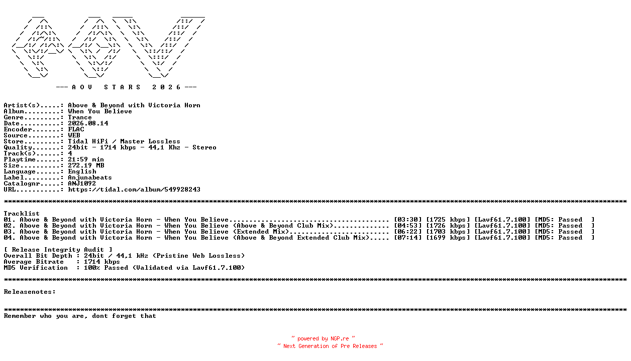 NFO for the release Above_and_Beyond_with_Victoria_Horn-When_You_Believe-(ANJ1092)-24BIT-WEB-FLAC-2026-AOVF by AOVF