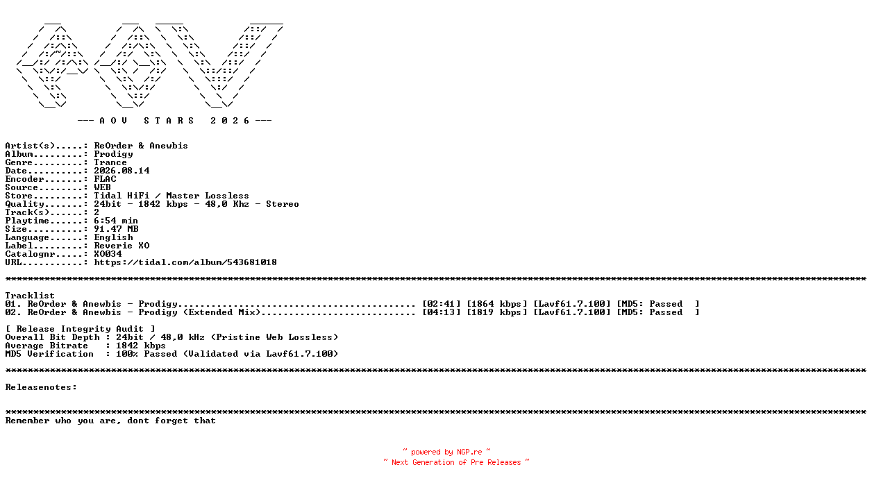 NFO for the release ReOrder_and_Anewbis-Prodigy-(XO034)-24BIT-WEB-FLAC-2026-AOVF by AOVF