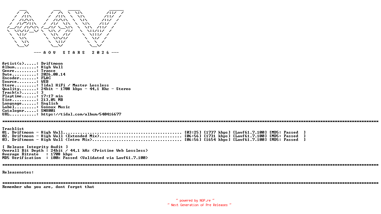 NFO for the release Driftmoon-High_Wall-(SNX001)-24BIT-WEB-FLAC-2026-AOVF by AOVF