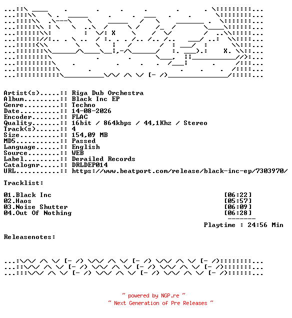 NFO for the release Riga_Dub_Orchestra-Black_Inc_EP-DRLDEP014-16BIT-WEB-FLAC-2026-WAVED by WAVED