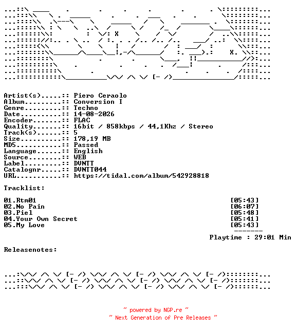 NFO for the release Piero_Ceraolo-Conversion_I-DVNTT044-16BIT-WEB-FLAC-2026-WAVED by WAVED