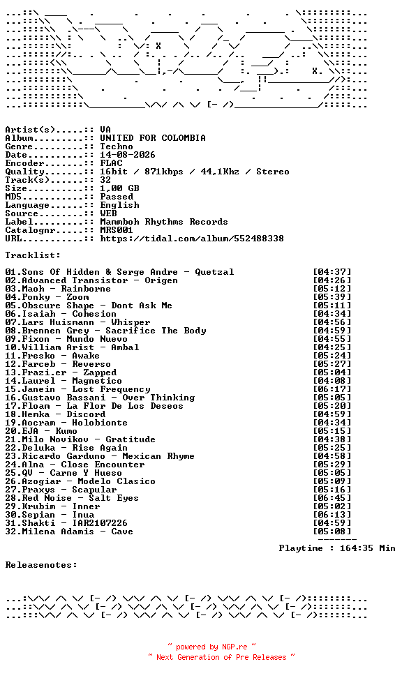 NFO for the release VA-UNITED_FOR_COLOMBIA-MRS001-16BIT-WEB-FLAC-2026-WAVED by WAVED