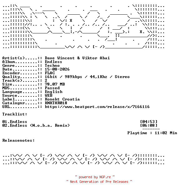 NFO for the release Dave_Wincent_And_Viktor_Abai-Endless-KNKTHR018-16BIT-WEB-FLAC-2026-WAVED by WAVED