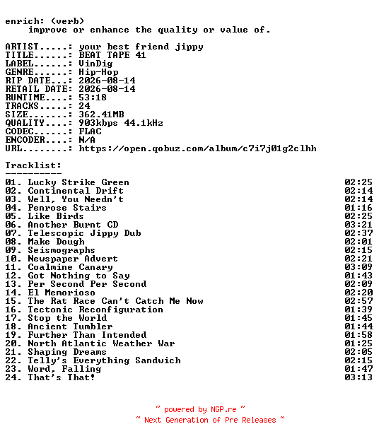 NFO for the release your_best_friend_jippy-BEAT_TAPE_41-16BIT-WEB-FLAC-2026-ENRiCH by ENRiCH