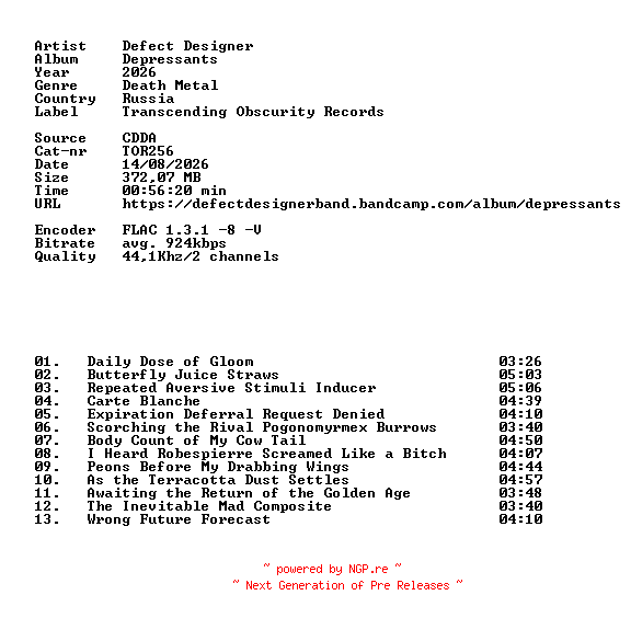 NFO for the release Defect_Designer-Depressants-(TOR256)-CD-FLAC-2026-86D by 86D