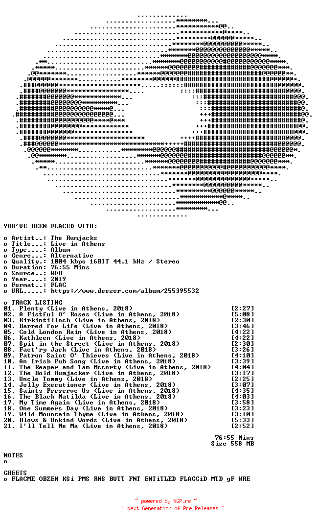 NFO for the release The_Rumjacks-Live_in_Athens-16BIT-WEB-FLAC-2019-FLACED by FLACED