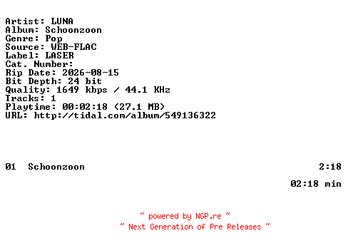 NFO for the release LUNA-Schoonzoon-NL-SINGLE-24BIT-WEB-FLAC-2026-BAQ by BAQ