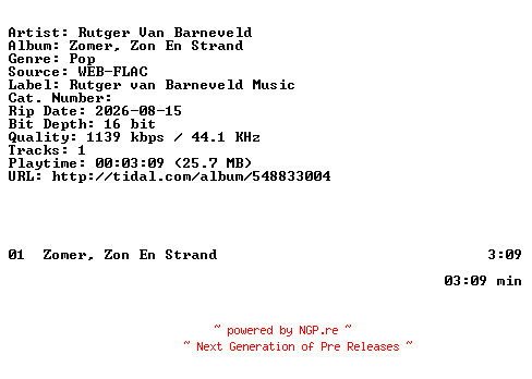 NFO for the release Rutger_Van_Barneveld-Zomer_Zon_En_Strand-NL-SINGLE-16BIT-WEB-FLAC-2026-BAQ by BAQ