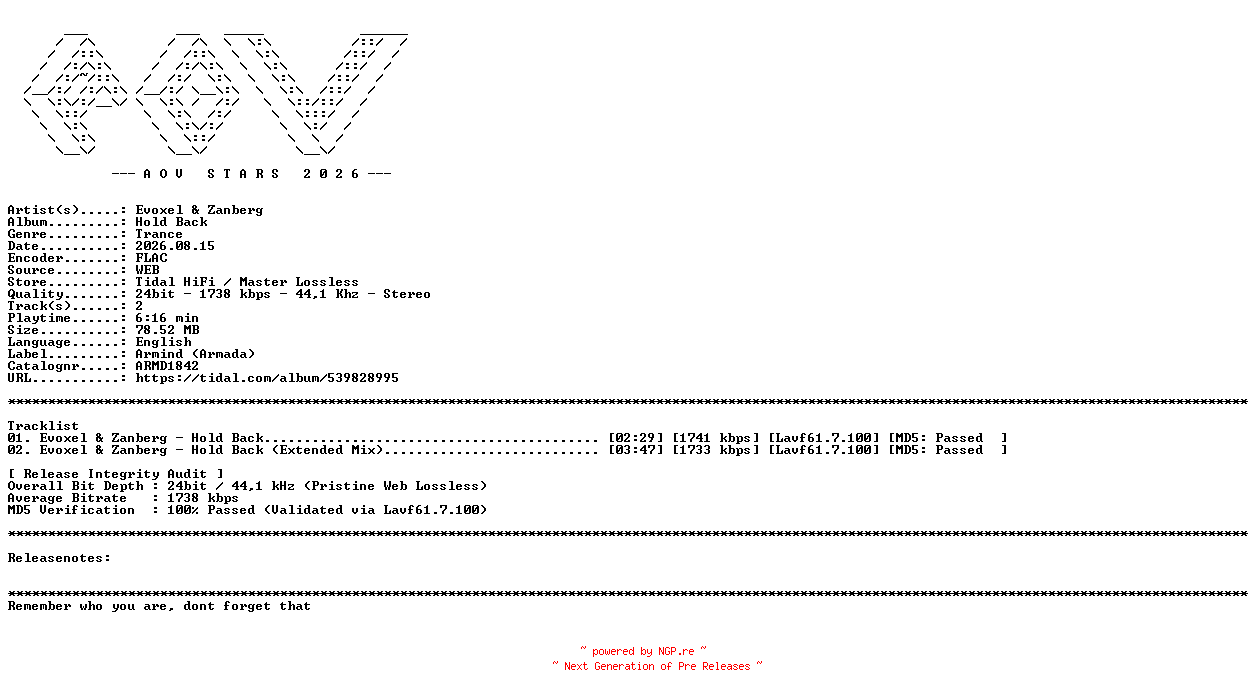 NFO for the release Evoxel_and_Zanberg-Hold_Back-(ARMD1842)-24BIT-WEB-FLAC-2026-AOVF by AOVF