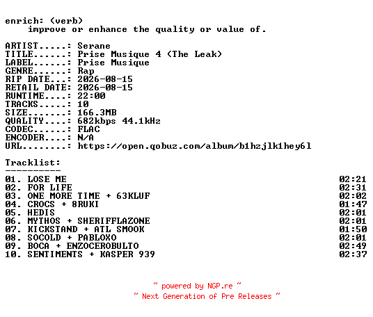 NFO for the release Serane-Prise_Musique_4_(The_Leak)-FR-24BIT-WEB-FLAC-2026-ENRiCH by ENRiCH