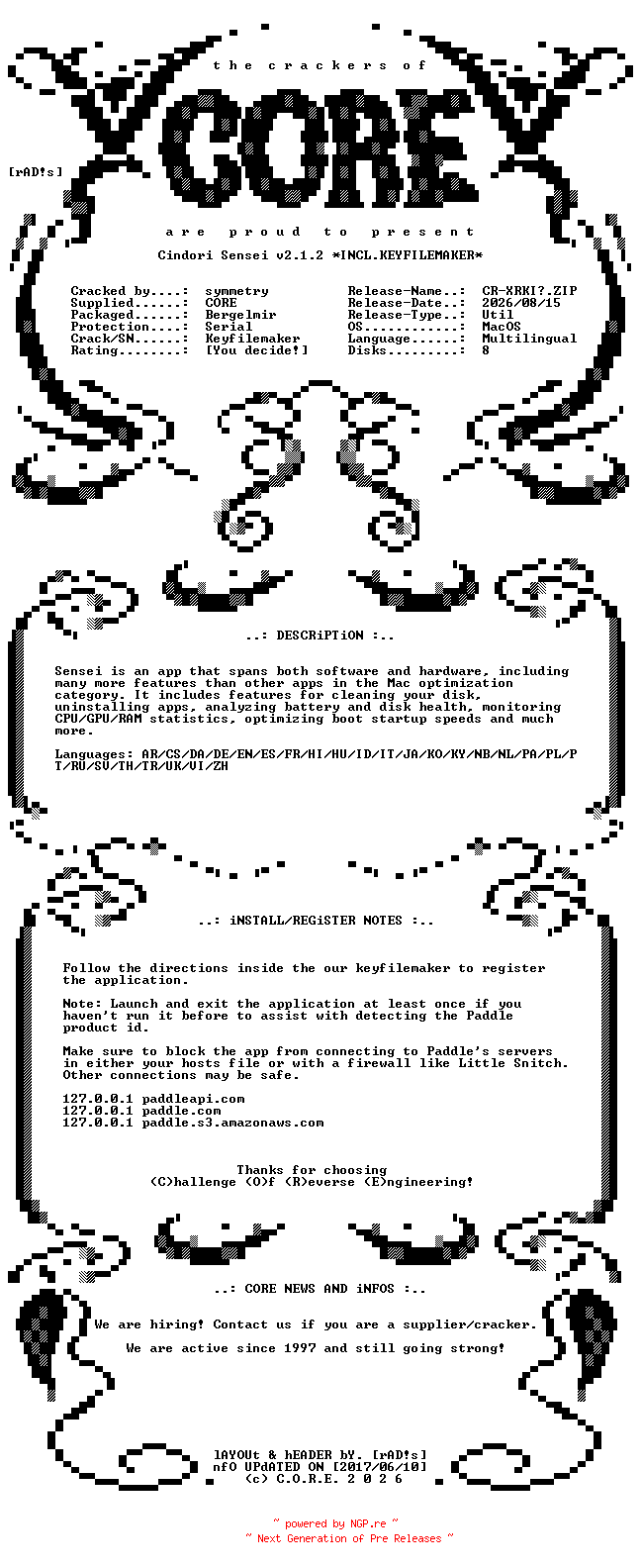 NFO for the release Cindori.Sensei.v2.1.2.MacOS.UB.Multilingual.Incl.Keyfilemaker-CORE by CORE